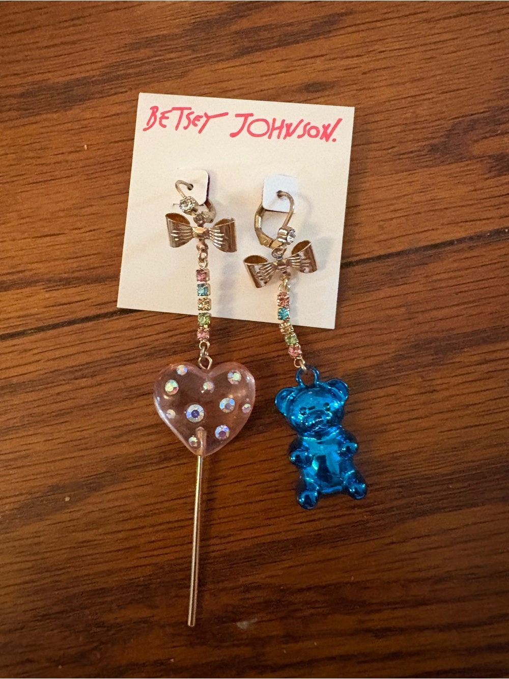 Betsey Johnson Pink Heart Lollipop & Blue Gummy Bear Dangle Earrings